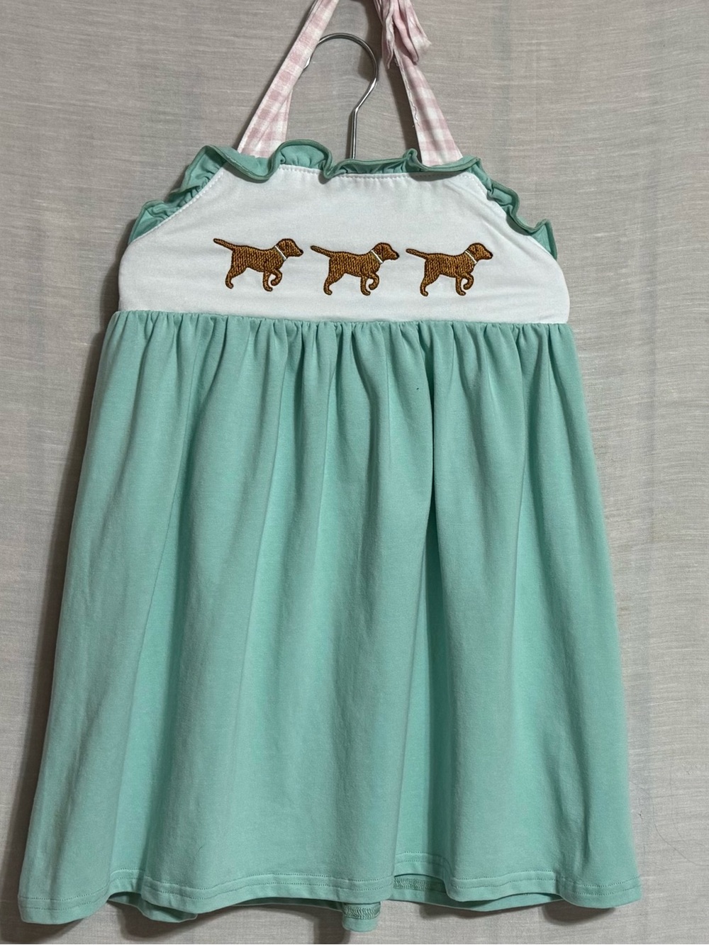 Girls' Mint Green Dog-Embroidered Casual Dress